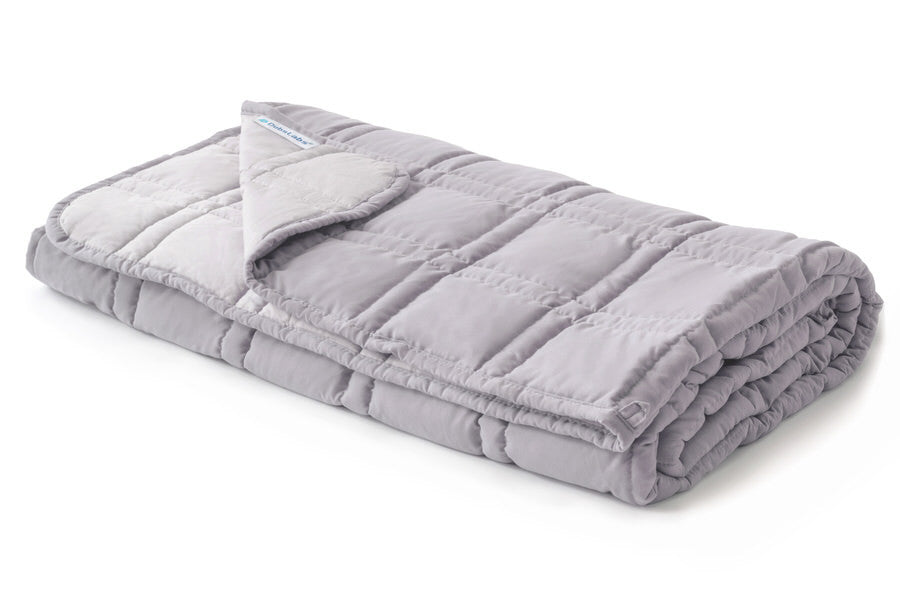 Inner weighted blanket with bamboo side (lighter) and polyester side (darker)